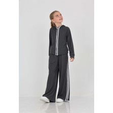 Toontoy Kız Çocuk 2'li Takım Kapüşonlu Fermuarlı Reglan Kol Sweatshirt & Beli Lastikli Bol Paça Eşofman Altı - Şerit Detaylı & Fitilli
