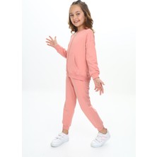 Toontoy Kız Çocuk 2'li Takım Nakış Baskılı Kolej Yaka Fermuarlı Cepli Sweatshirt & Beli Paçası Ribanalı Jogger Eşofman Altı - 2 Iplik