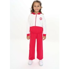 Toontoy Kız Çocuk 2'li Takım Baskılı Kapüşonlu Fermuarlı Sweatshirt & Beli Lastikli Bol Paça Eşofman Altı - Renk Bloklu & Nervürlü & 2 Iplik