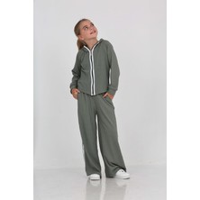 Toontoy Kız Çocuk 2'li Takım Kapüşonlu Fermuarlı Reglan Kol Sweatshirt & Beli Lastikli Bol Paça Eşofman Altı - Şerit Detaylı & Fitilli