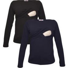 Luvmabelly Kadın Emzirme Sweatshirt Seti Uzun Kol Siyah-Lacivert Renk Düz Desenli Konforlu Tasarım