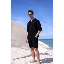 Pobudo V Yaka Siyah Renk  Yıkamalı  Keten Takım