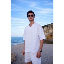 Pobudo V Yaka Beyaz Renk  Yıkamalı  Keten Takım