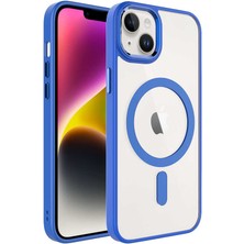 Büşra Ayhan iPhone 14 Plus Uyumlu Wireless Şarj Özellikli Bsay Krom Magsafe Silikon Kapak-Mavi