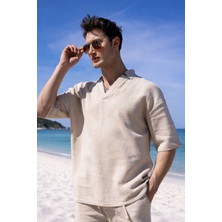 Pobudo V Yaka Bej Renk  Yıkamalı  Keten Takım