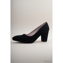 Modayak Zarif Siyah Süet Kalın Topuk Sivri Burun Yüksek Topuklu Ayakkabı