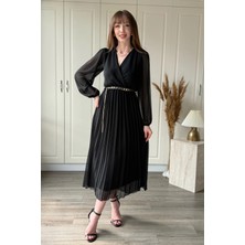 Dilay Gökoğlu Butik Gold Kemerli Piliseli Astarlı Midi Elbise