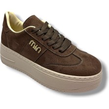 Şanzelize K1-26 Süet Deri Yüksek Anatomik Taban Bağcıklı Kadın Sneaker Kahve Bej