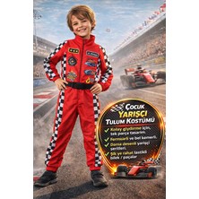 Toyfest Kırmızı Renkli Yarışçı Doğum Günü Parti Çocuk Tulum Kostüm Seti Dama Desen Fermuarlı Kemerli 3-4 Yaş
