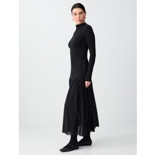 Jimmy Key Siyah Normal Bel Düz Kesim Örme Mesh Midi Etek