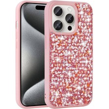 Büşra Ayhan iPhone 15 Pro Uyumlu Parlak Taşlı Tasarım Bsay Linea Kapak-Pembe