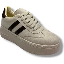 Şanzelize K1-26 Süet Deri Yüksek Anatomik Taban Bağcıklı Kadın Sneaker Bej Kahve