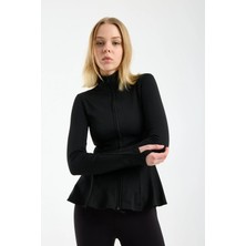 Win Moda Kadın Kışlık Şardonlu Dalgıç Kumaş Fermuarlı Parmak Geçmeli  Volanlı Spor Ceket