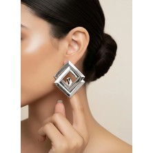 Eva Takı Store Çift Kare Model Içiçe Spiral Silver Gümüş Renk Küpe 5cm