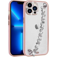 Büşra Ayhan iPhone 12 Pro Uyumlu Taş Süslemeli Kamera Korumalı El Tutamaçlı Bsay Blazer Kapak-Pembe