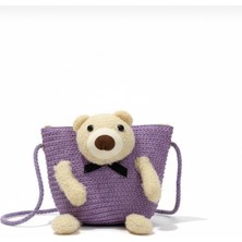 Teddy Bear Sevimli Ayı Mor Hasır Askılı Genç Kız Çocuk Bebek Çanta 13 cm Hediyelik