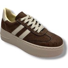 Şanzelize K16-26 Süet Deri Yüksek Anatomik Taban Bağcıklı Kadın Sneaker Kahve Bej