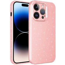 Büşra Ayhan iPhone 14 Pro Uyumlu Kamera Korumalı Simli Lüks Bsay Koton Kapak-Pembe