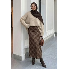 inStyle Çizgili Ekose Desen Kahverengi Saten Etek