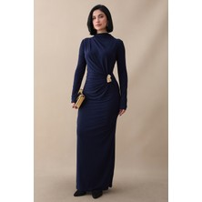 inStyle Büzgülü Yandan Broşlu Lacivert Sandy Elbise