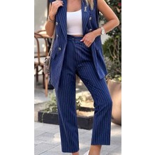 Madame Melek Çizgili Kumaş Takım Yelek Pantolon Takım