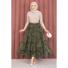 SVS Asimetrik Kesim Desenli Tül Etek Haki