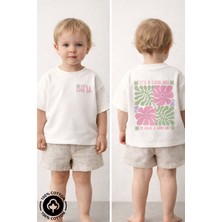 Miniel Kız Çocuk Oversize T-Shirt %100 Pamuklu Kısa Kol Günlük Stil Ekru Renkli