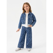 Jena Kız Çocuk Kendinden Nakışlı Denim Takım 8-14 Yaş Mavi