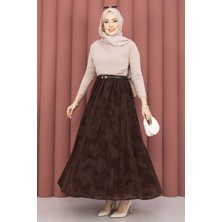 SVS Kemer Detaylı Desenli Tül Etek Kahve