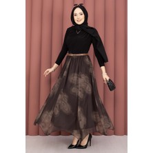 SVS Asimetrik Kesim Desenli Tül  Etek Kahve