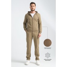 Haki  Erkek Kışlık Eşofman Takımı Thermosoft Teknolojisi Içi Kuzu Görünümlü Regular Kalıp Minimal Logo Kapüşonlu Xl