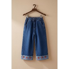 Magu Kız Çocuk Pamuklu Mavi Çilek Nakışlı Jean Pantolon - Lastik Belli Bol Paça Model