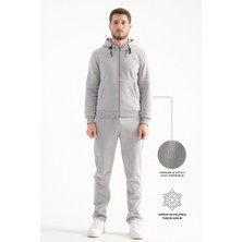 Açık Gri  Erkek Kışlık Eşofman Takımı Thermosoft Teknolojisi Içi Kuzu Görünümlü Regular Kalıp Minimal Logo Kapüşonlu M