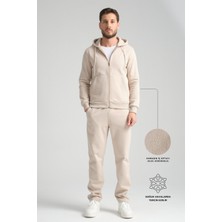 Bej  Erkek Kışlık Eşofman Takımı Thermosoft Teknolojisi Içi Kuzu Görünümlü Regular Kalıp Minimal Logo Kapüşonlu L