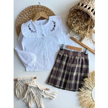 Kr Kids Butik Kız Çocuk Nakışlı Beyaz Gömlek Ekose Piliseli Etek Takım – 2 Parça Şık Kombin