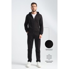 Siyah  Erkek Kışlık Eşofman Takımı Thermosoft Teknolojisi Içi Kuzu Görünümlü Regular Kalıp Minimal Logo Kapüşonlu 3xl