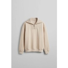 Abluka Online Erkek Oversize Dik Yaka Yarım Fermuarlı Sweatshirt Bej