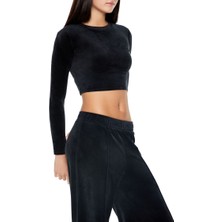 F21 Velur Uzun Kollu Crop Tişört