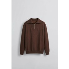 Abluka Online Erkek Oversize Dik Yaka Yarım Fermuarlı Sweatshirt Kahve