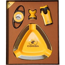 Cohiba Çakmak Kesici Küllük Sehpa Dörtlü Sarı Puro Seti