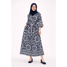 Park Moda %100 Pamuklu Cepli ve Beli Kemerli Yazlık Tasarım Desenli Lacivert Gömlek Tesettür Elbise