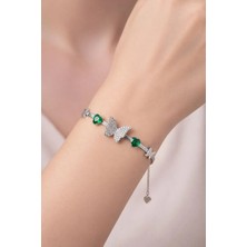 Yeşil Taş Detaylı Kelebek Tasarımlı Gümüş Renk Bileklik