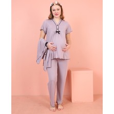 Jenika Hamile Uzun Kollu Sabahlıklı Düğme ve Biye Detaylı 3 Lü Pijama Takımı