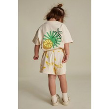 Magu Kız Çocuk Pamuklu Ekru Muz Desenli T-Shirt ve Şort Takım