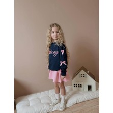 BeU Kids Kız Çocuk Fiyonk Detaylı Lacivert Üst ve Kumaş Dokuma Duble Pembe Etek Takım