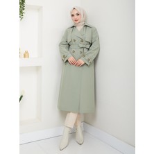 KMK Kombin Kadın Arkası Baskılı Yırtmaçlı Düğmeli Trençkot