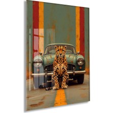 Klasik Otomobil ve Leopar Cam Tablo – Modern Urban Duvar Sanatı - PEONY087