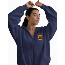 Muhtar Store Kadın French Bulldog Baskılı Oversize Fermuarlı Hoodie