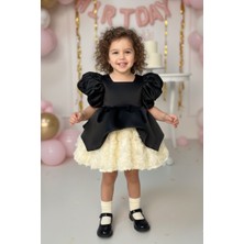 Bertuğ Bebek Ekru Güllü Siyah Saten Kabarık Kız Çocuk Bebek Abiye Elbise