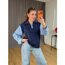 Size Özgü Lacivert Kolu Çizgili Polo Yaka Sweatshirt